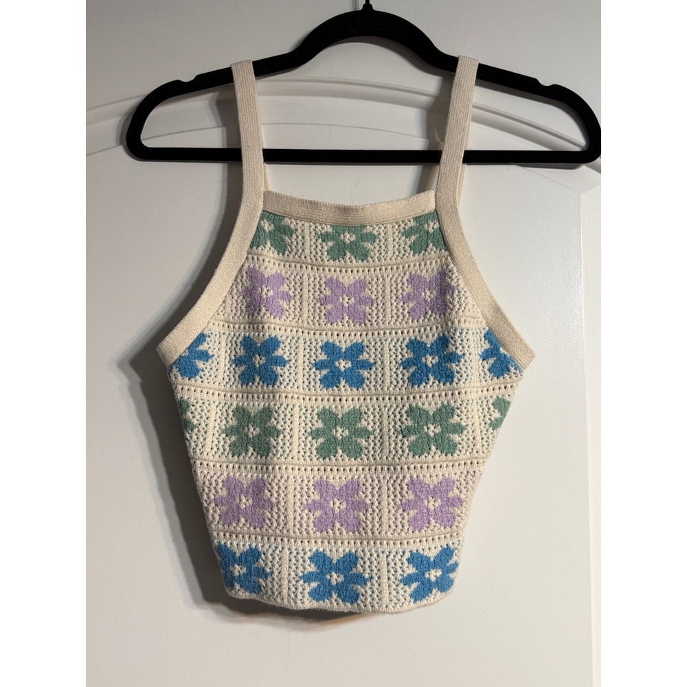 Hippie Rose Knit Floral Tank Top Medium Ivory Pastel Crochet Boho Festival Retro